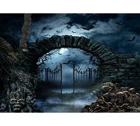AIIKES Telón de fondo de fotografía de Halloween 7x5 pies, cementerio nocturno, valla oscura, puerta de hierro, cráneo, árbol, escena de lápida