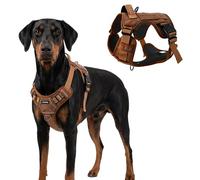AIITLE Arnés táctico resistente para perros grandes, chaleco de servicio táctico sin tirones con asa y correa PALS, diseño reflectante ajustable sin asfixia, para entrenamiento y caminar, marrón, XL