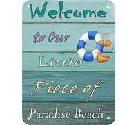 AIJIEB - Cartel de metal con texto en inglés «Welcome to Our Little Piece of Paradise» (Bienvenido a nuestra pequeña pieza de paraíso), diseño de círculo de playa, playa, natación, círculo, retro