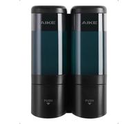 AIKE Dispensador Jabon 2 x 480ml, Sin Taladro, para Champú & Gel De Ducha | Bomba Doble Negra De Pared, Con Gancho, Recarga Por Arriba, Fácil Instalación, Para Jabón/Champú/Gel De Ducha, Con Etiquetas
