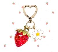 Aikeis Llavero pequeño simple con fruta roja fresca, fresa, margarita, colgante para bolso, cadena de metal para colgar, rojo