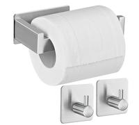 Aikzik Portarrollos de papel higiénico sin taladrar, autoadhesivo, portarrollos de papel higiénico de acero inoxidable, soporte para rollos de papel higiénico con 2 ganchos para toallas para cocina y