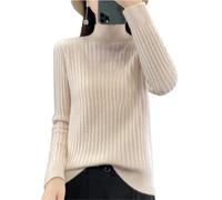 Ailaile 100% Lana Merino Jersey para Mujer Otoño Invierno Cuello Redondo Manga Larga Jersey de Rayas Cálido Suave Tejido Tops, beige, XL