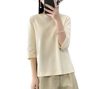 Ailaile Camisetas de manga 3/4 para mujer, camisetas básicas de algodón con cuello redondo y ajuste holgado, Amarillo vainilla., M