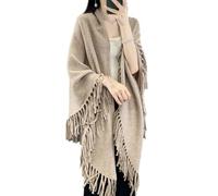 Ailaile Chal 100 % de lana merina, Ropa de Señora, para mujer, con borlas, para otoño e invierno, holgado, abierto, Camello, Talla única