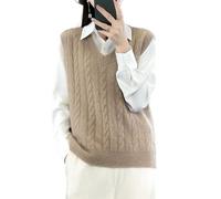 Ailaile Chaleco de punto con cuello en V para mujer, color liso, sin mangas, 100 % lana merino, chaleco corto, Camello, XL