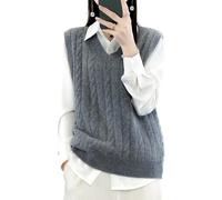 Ailaile Chaleco de punto con cuello en V para mujer, color liso, sin mangas, 100 % lana merino, chaleco corto, Gris, M
