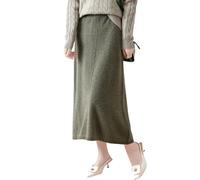 Ailaile Falda de longitud media para mujer, para otoño e invierno, 100 % lana merino, falda larga acanalada, elástica, lisa, casual, cálida, Verde oliva, M