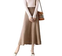 Ailaile Falda larga para mujer, 100 % lana merino, acanalada, elástica, lisa, cálida, para otoño e invierno, Camello, XL