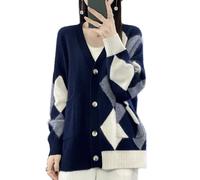 Ailaile Otoño Invierno Lana Merino Cardigan Suéter Mujer Contraste Cuello en V Manga Larga Suelto Grueso Punto Outwear Abrigo con Bolsillos, Negro -, M