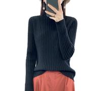Ailaile Suéter 100 % de lana merino para mujer, cuello alto falso, manga larga, suéter de punto cálido y suave, Negro -, L