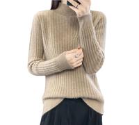 Ailaile Suéter 100 % de lana merino para mujer, cuello alto falso, manga larga, suéter de punto cálido y suave, Camello, M
