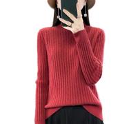 Ailaile Suéter 100 % de lana merino para mujer, cuello alto falso, manga larga, suéter de punto cálido y suave, Dorado rojo, XL
