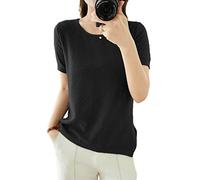 Ailaile Suéter de manga corta para mujer, cuello redondo, delgado, de punto, de algodón, ligero, Negro, X-Large