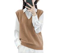 Ailaile Suéter de punto con cuello en V para mujer, 100 % lana merino, ligero, sin mangas, chaleco básico, camiseta corta, Camel dorado, XL