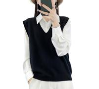 Ailaile Suéter de punto con cuello en V para mujer, 100 % lana merino, ligero, sin mangas, chaleco básico, camiseta corta, Negro -, XL