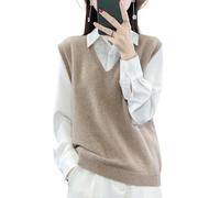 Ailaile Suéter de punto con cuello en V para mujer, 100 % lana merino, ligero, sin mangas, chaleco básico, camiseta corta, Camello, L