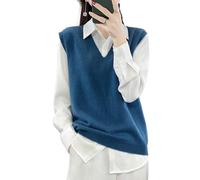 Ailaile Suéter de punto con cuello en V para mujer, 100 % lana merino, ligero, sin mangas, chaleco básico, camiseta corta, Azul Tinta*, XL