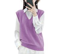 Ailaile Suéter de punto con cuello en V para mujer, 100 % lana merino, ligero, sin mangas, chaleco básico, camiseta corta, Púrpura, S