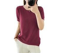 Ailaile Suéteres de manga corta para mujer, blusa de punto de algodón, cuello redondo, ligera, de punta, Rojo (Jujube Red), X-Large