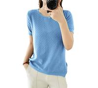 Ailaile Suéteres de manga corta para mujer, de verano, sin botones, de punto de algodón, cuello redondo, blusa ligera de punto, Celeste, L