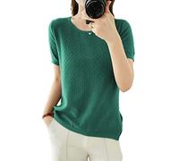 Ailaile Suéteres de manga corta para mujer, suéter fino de verano, camisa de punto de algodón, cuello redondo, blusa ligera de Pointelle, Verde, XL