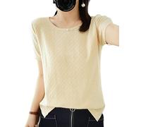 Ailaile Suéteres de manga corta para mujer, suéter fino de verano, camisa de punto de algodón, cuello redondo, blusa ligera de Pointelle, Beige, L