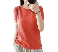 Ailaile Suéteres de manga corta para mujer, suéter fino de verano, camisa de punto de algodón, cuello redondo, blusa ligera de Pointelle, Naranja, L