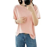Ailaile Suéteres de manga corta para mujer, suéter fino de verano, camisa de punto de algodón, cuello redondo, blusa ligera de Pointelle, Rosado, XL