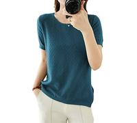 Ailaile, suéteres de manga corta para mujer, tops de verano, ligeros, de punto de algodón, con cuello redondo, blusa de punto pointelle, azul (Seablue), XXL