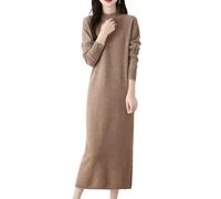 Ailaile Vestido de punto 100 % de lana merina, para mujer, manga larga, cuello alto falso, acanalado, para otoño e invierno, Camello, M