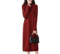 Ailaile Vestido de punto 100 % de lana merina, para mujer, manga larga, cuello alto falso, acanalado, para otoño e invierno, Rojo ladrillo, M