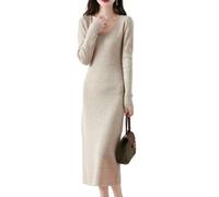 Ailaile Vestido de punto 100 % de lana merina, para mujer, manga larga, cuello en V, para otoño e invierno, Camello de leche, XL