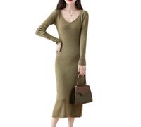 Ailaile Vestido de punto 100 % de lana merina, para mujer, manga larga, cuello en V, para otoño e invierno, Verde Matcha, S