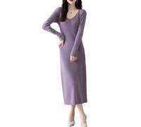 Ailaile Vestido de punto 100 % de lana merina, para mujer, manga larga, cuello en V, para otoño e invierno, Púrpura claro, S