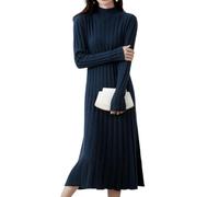 Ailaile Vestido de punto 100 % de lana para mujer, cuello alto falso, tiras, cuello en V, manga larga, sin botones, vestido de punto acampanado, Azul Tinta*, M