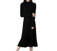 Ailaile Vestido de punto 100 % de lana para mujer, cuello alto falso, tiras delgadas, cuello en V, manga larga, sin botones, vestido de punto acampanado, Negro -, M