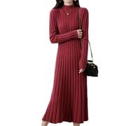 Ailaile Vestido de punto 100 % de lana para mujer, cuello alto falso, tiras delgadas, cuello en V, manga larga, sin botones, vestido de punto acampanado, Dorado rojo, L