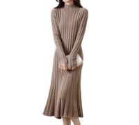 Ailaile Vestido de punto 100 % de lana para mujer, cuello alto falso, tiras delgadas, cuello en V, manga larga, sin botones, vestido de punto acampanado, Camello, L