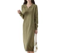 Ailaile Vestido tipo suéter de manga larga para mujer, 100 % lana merino, cuello abatible, para otoño e invierno, Verde Matcha, M