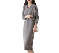 Ailaile Vestido tipo suéter de manga larga para mujer, 100 % lana merino, cuello abatible, para otoño e invierno, Gris piedra, M