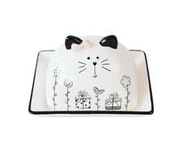 Ailan Mantequera clásica de porcelana con tapa. Lindo gato, mantequilla fresca para untar sobre la encimera de la cocina, con un toque dibujos animados y originalidad. Recipiente para cocina, comedor,