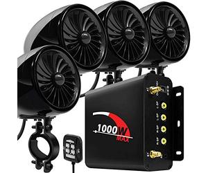 Aileap 1000W 4 Canales de Motocicleta Amplificador 4" Full Range Impermeable Bluetooth Motocicleta Altavoces estéreo Sistema de Audio con Radio FM para 1-1,5" Manillar ATV UTV (Negro, Ventilador)