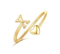 Ailetop Anillos con inicial de corazón para mujeres, adolescentes y niñas, anillos apilables ajustables con letras de corazón para adolescentes, apilables, oro de 14 quilates, latón, oro, sin piedras