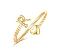 Ailetop Anillos de corazón con inicial para mujeres y niñas, chapados en oro amarillo/blanco/rosa de 14 quilates, anillos ajustables para mujeres, no se deslustran, adolescentes, niñas, regalos de