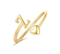 Ailetop Anillos de corazón con inicial para mujeres y niñas, chapados en oro amarillo/blanco/rosa de 14 quilates, anillos ajustables para mujeres, no se deslustran, adolescentes, niñas, regalos de