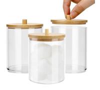 Aililong Juego de 3 recipientes para bastoncillos de algodón acrílico transparente con tapa de bambú, dispensador triple de almohadillas de algodón y palillos para los oídos, recipiente para guardar