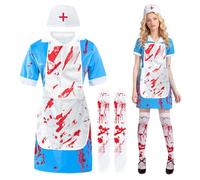ailker Disfraz Enfermera Zombie Halloween Mujer: Conjunto de Uniforme de Enfermera Aterrador con Delantal y Medias, Gorro, Adultos de Hospital Sangriento Terror para Halloween, Carnaval, Cosplay (S)