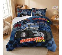 AILONEN Juego de edredón de camión tamaño matrimonial, 3D Monster Truck sobre fondo azul, juego de ropa de cama para niños y niñas para todas las estaciones, microfibra suave, 3 piezas, 1 edredón y 2