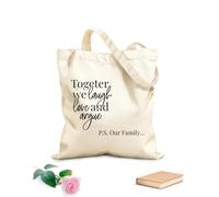 AILOONG Bolsa de compras reutilizable Caligrafía Juntos Reír Amar Familia Frase Palabras Tela de 12 oz de grosor Eslogan personalizable 31x36cm Mediano